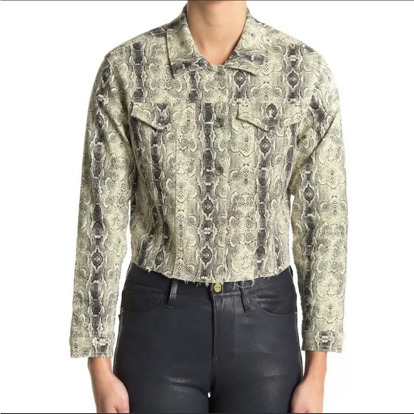 Vigoss faux snakeskin cotton distressed‎ hem cropped denim jacket medium - Picture 2 of 9